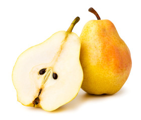Ripe yellow pear and half on a white, isolated.
