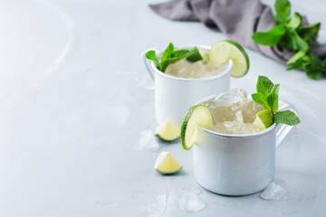 Moscow mule cocktail with vodka, ginger beer, lime and mint