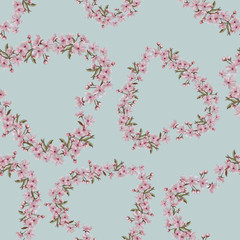 Heart Wreath Painted in Watercolor on Blue Background. Pink Floral Heart Wreath Seamless Pattern for Background, Print, and Textile.