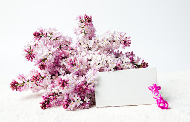 Lilac flowers arrangement with empty note card