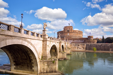 Fototapeta premium Castle Sant Angelo and bridge across river Tiber in Rome, Italy