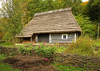 Fototapeta na wymiar Old house in museum of folk architecture in Sanok. Subcarpathian voivodeship. Poland