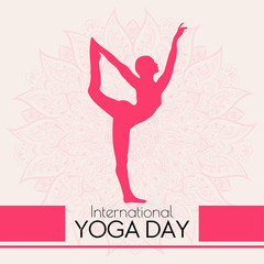 Concept illustration for the International Yoga day with a beautiful mandala and asana natarajasana pose silhouette.