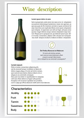 Vector illustration.Brochure,form describing characteristics of white wine.Feed temperature,brief description,history of origin, tableware glass for serving,taste criteria.Tannins,acidity,fortress.