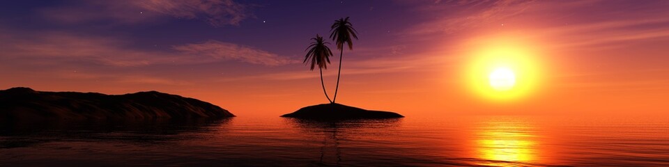 panorama of the sea sunset, the sun over a tropical island with palm trees,
3D rendering
