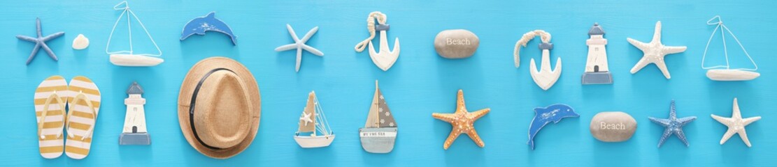 nautical, vacation and travel banner with sea life style objects. Top view.