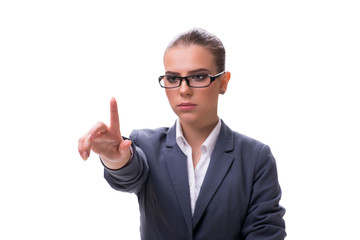 Young businesswoman pressing virtual button on white