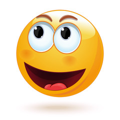 Joyful smiley laughs wide open mouth. Happy smiley emoticon face. Positive smiling ball. Vector illustration isolated on white background