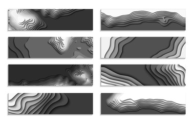 Set of black and white wave. 3D set of colorful abstract paper cut. Abstract colorful waves. Wavy banners. Color geometric form. Wave paper cut. Map line of topography. Map mockup infographics