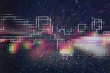 Futuristic retro background of the 80`s retro style. Digital or Cyber Surface. neon lights and geometric pattern