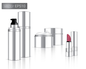 Mock up Realistic Metalic Cosmetic Bottle, Cream Packaging And Lipstick isolated Set On White Background..