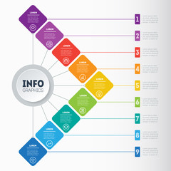 Business presentation or infographic with 9 options. Example of a chart, mindmap or diagram with 9 steps. Vector infographics or mind map of technology or education process. Annual report.