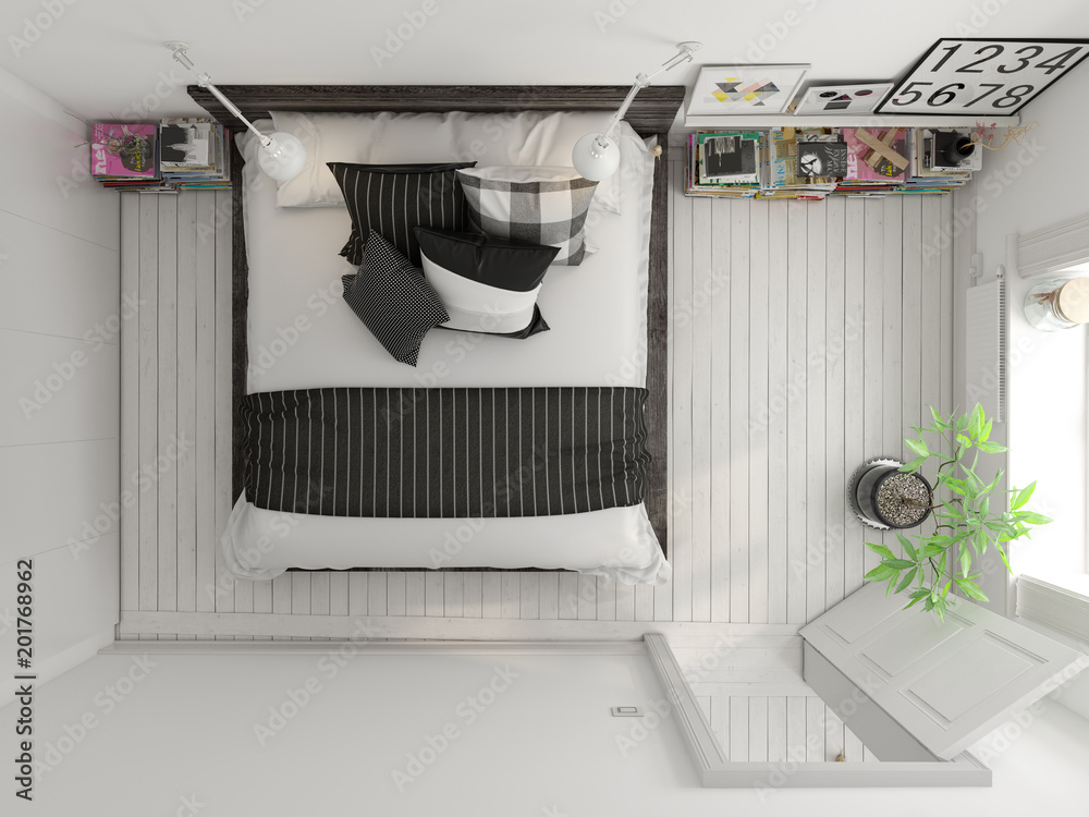 Sticker Top view Bedroom interior design 3D rendering