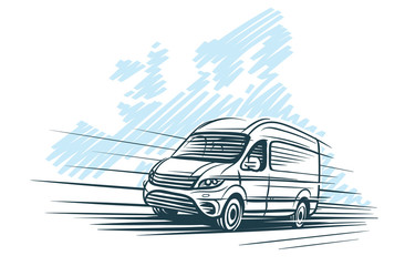 Sketch of van in front of european map sketch. Vector. © yuromanovich