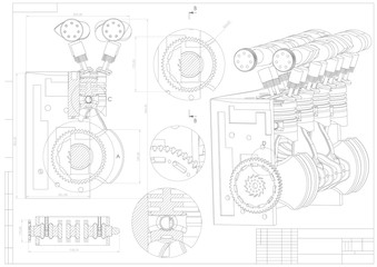 Machine building drawing. Engine car on a white
