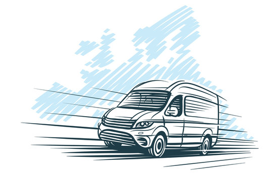 Sketch Of Van In Front Of European Map Sketch. Vector.