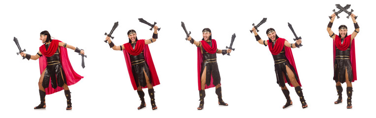 Gladiator posing with sword isolated on white