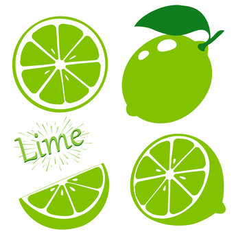 Set slices of lime isolated on white background. Vector illustration.