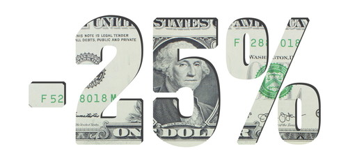 -25%. American dollar banknotes. Money texture. Isolated on white background, discount theme