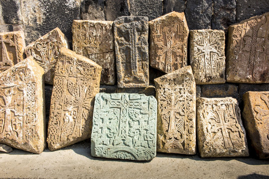 Khachkars, stone crosses in Sevanavank, a monastery complex located on the northwest coast of Lake Sevan in the province of Armenia Gegharkunik, near the city of Sevan