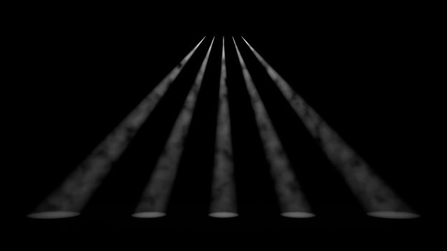 Symmetrical line of white spotlights shining down onto an empty stage through a smoky atmosphere at night conceptual of a show, concert or party as 3D rendering