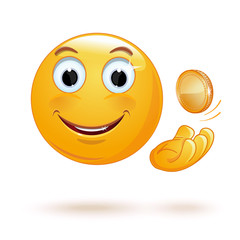 Cheerful smiley tosses up a coin. Rich smiley throwing a coin. Happy smiley with a coin. Vector illustration isolated on white background
