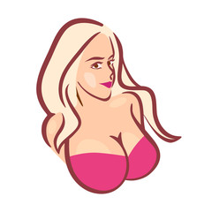 Beautiful Girl in Pink Bra with Big Boobs - Vector Bust for Logo or Emblem of Store or Web Site. © Morozov Alexey
