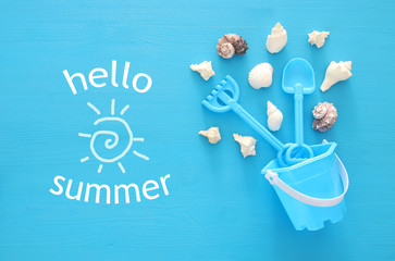 vacation and summer image with sea life style objects and beach toys for kid.