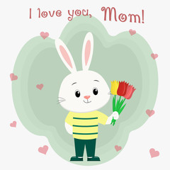 Cute white bunny boy in clothes. Stands and holds three tulips, cartoon. Happy Mother s Day. Vector, flat design.