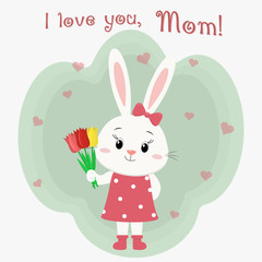 Cute rabbit white, red dress, bow and boots. It stands and holds three tulips, a cartoon. Happy Mother s Day. Vector, flat design.