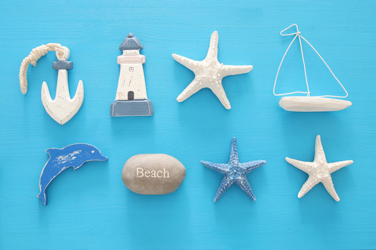 nautical, vacation and travel banner with sea life style objects. Top view.