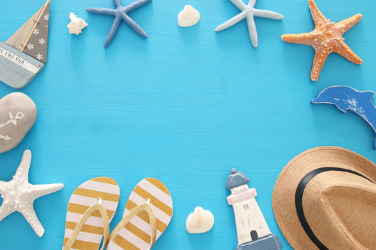 nautical, vacation and travel image with sea life style objects. Top view.