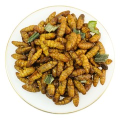 Top View of Deep Fried Coconut Worms on White Background