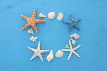 nautical and summer holidays concept with seashells and starfish over blue wooden background.