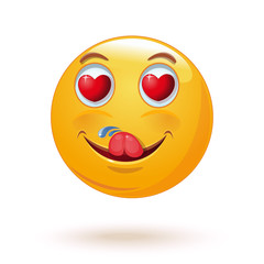 Fototapeta premium Enamored smiley lustfully licks himself. Emoticon face with hearts in the eyes. Happy loving emoji licking. Vector illustration