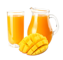 mango juice with mango slice isolated on white background. jug of mango juice.