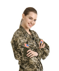 Female soldier on white background. Military service