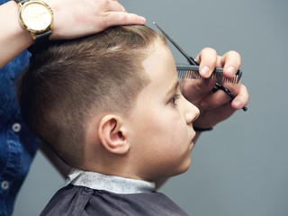 Barber is cutting a hair to Caucasian boy in barbershop.