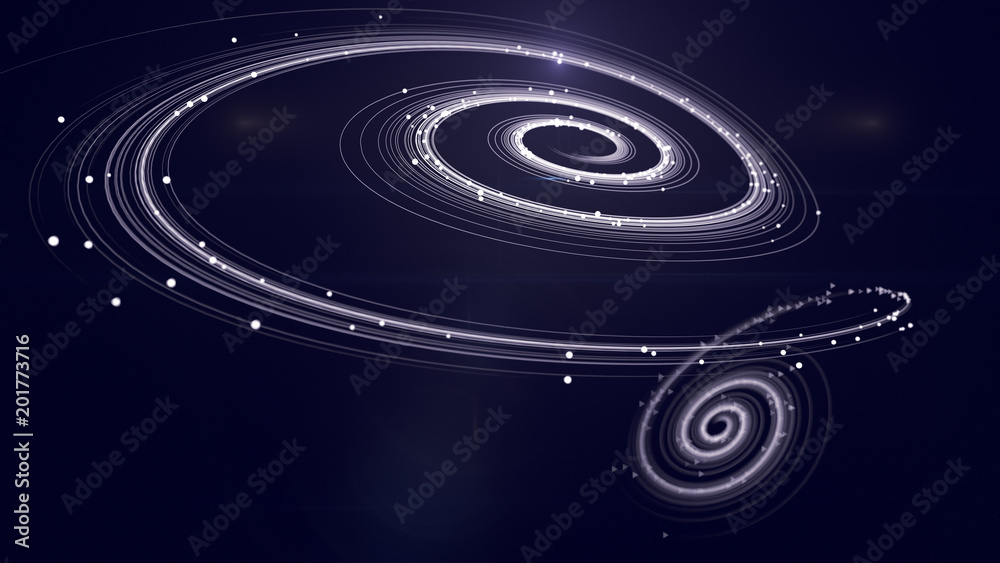 Poster magic wavy rings with small beads on a dark background. 3d rendering