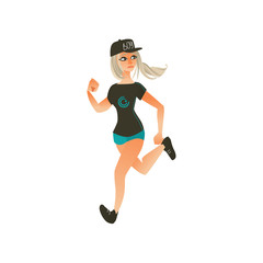 Young sportive girl in summer clothing, blonde hair, cap running looking back. Beautiful female character, redhead woman runaway with afraid face. Isolated vector illustration in cartoon style