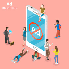 Ad blocking flat isometric vector concept. People surrounded a smartphone with sign of blocked advertisment.