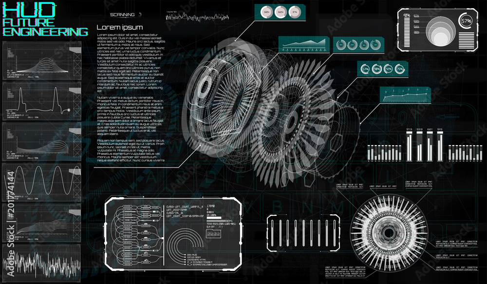 Aufkleber Technology elements. HUD UI design. Head up display, futuristic engineering with infographics and statistics of data gear in style HUD. Modern technology elements for game, GUI, UI design. Vector