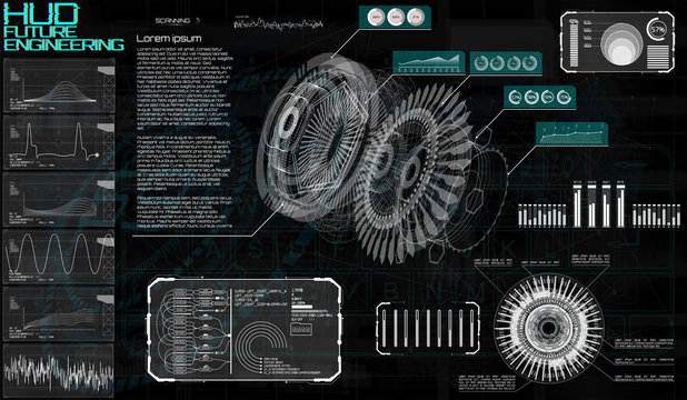 Technology elements. HUD UI design. Head up display, futuristic engineering with infographics and statistics of data gear in style HUD. Modern technology elements for game, GUI, UI design. Vector