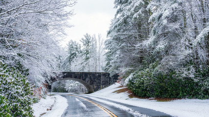 Blue Ridge Parkway entrance in winter near Linville