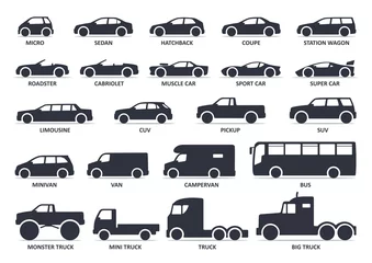 Foto op Canvas Car type icons set. Model automobile. Vector black illustration © MoreVector