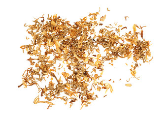 Dried smoking tobacco isolated on a white background, top view.