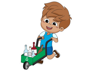 kid gathering garbage and plastic waste for recycling.vector and illustration.