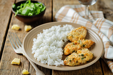 Baked Parmesan Parsley Crusted Chicken with rice