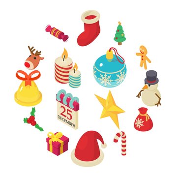 Christmas icons set. Isometric illustration of 16 christmas vector icons for web