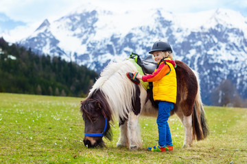 Kids riding pony. Child on horse in Alps mountains